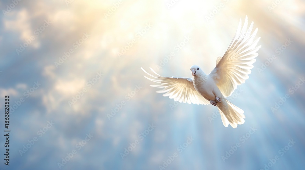Fototapeta premium White dove flying through clouds
