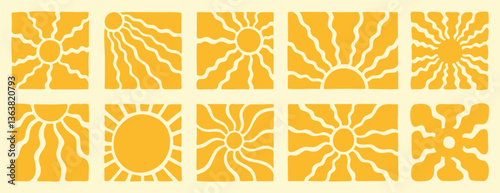 Retro groovy sun set. Yellow vector wavy geometric sunshine 60s, 70s. vintage style. abstract background in hippie style for logo, print, poster, social media
