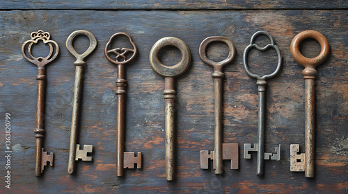 A collection of vintage keys with varying designs and patinas on a rustic surface. Secreted Change. Illustration