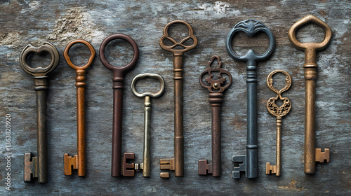 A collection of vintage keys with varying designs and patinas on a rustic surface. Secreted Change. Illustration