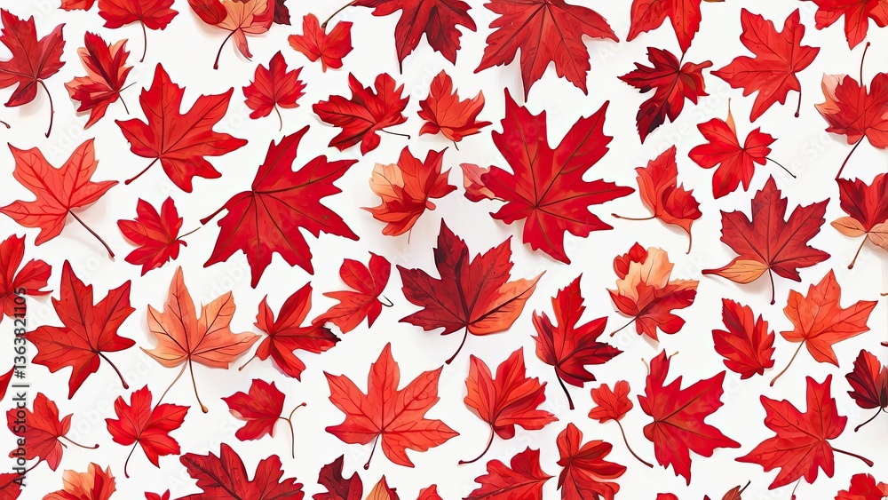 A seamless pattern featuring an arrangement of various red maple leaves scattered against a white background A seamless pattern featuring an arrangement of various red maple leaves scattered against a white background