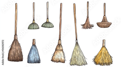 Various brooms, cleaning tools, white background, household chores, cleaning supplies