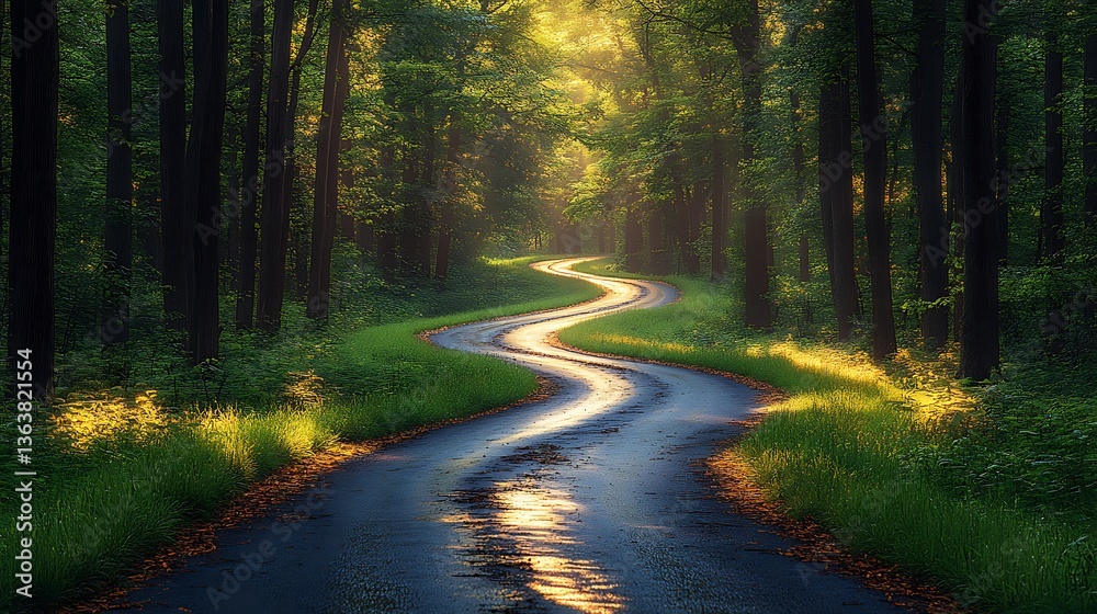 Obraz premium Enchanting forest road winding through lush greenery, bathed in sunlight, capturing the essence of nature's serene beauty and a peaceful landscape.