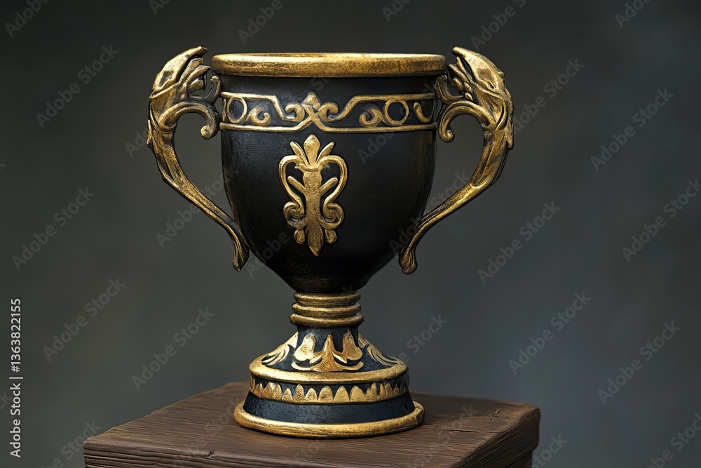 Elegant black and gold trophy with ornate detailing, dragon handles, and a decorative base on a wooden stand against a dark background.
