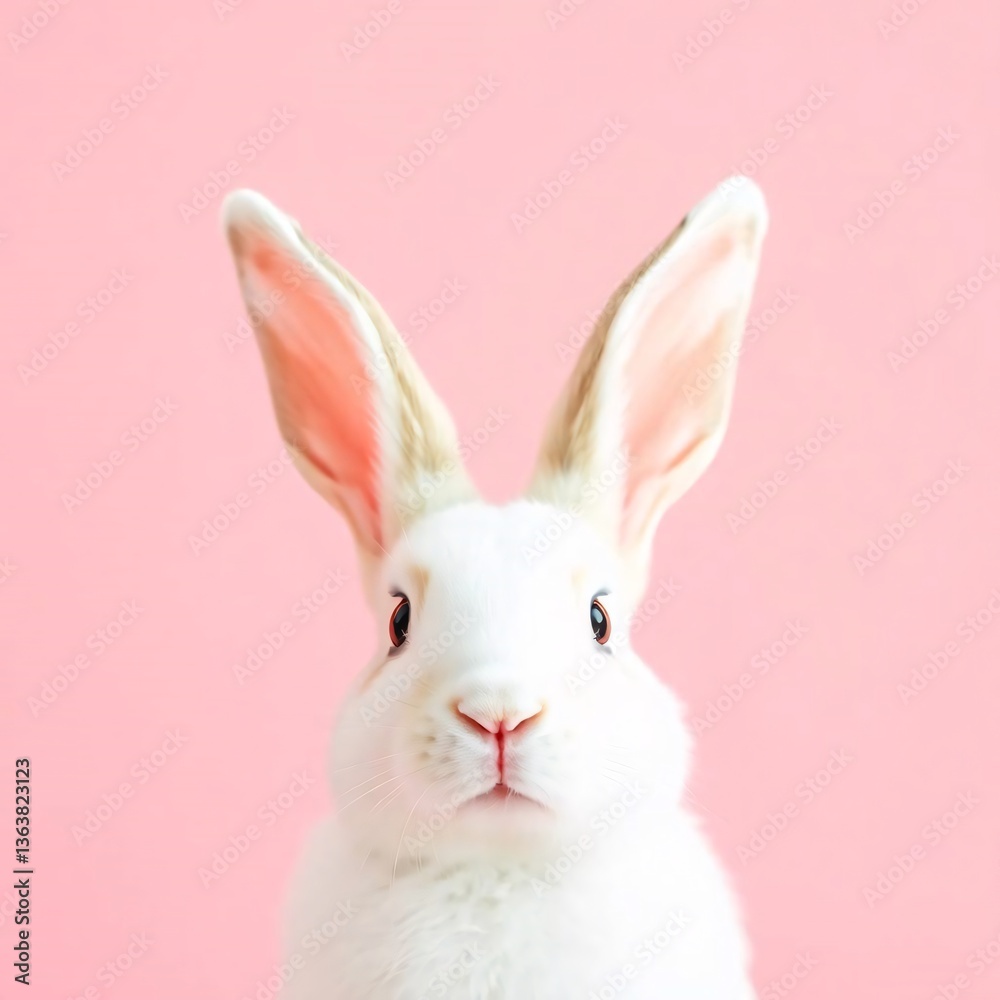 Obraz premium Cute white bunny in various poses on soft pink background holding or playing with pastel eggs