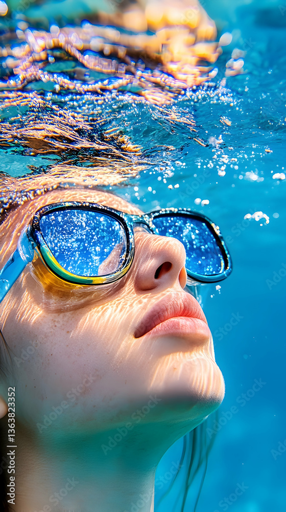 Naklejka premium Underwater close-up of a person's face wearing sunglasses, partially submerged in clear blue water