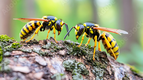 Two yellowjackets face off on mossy bark