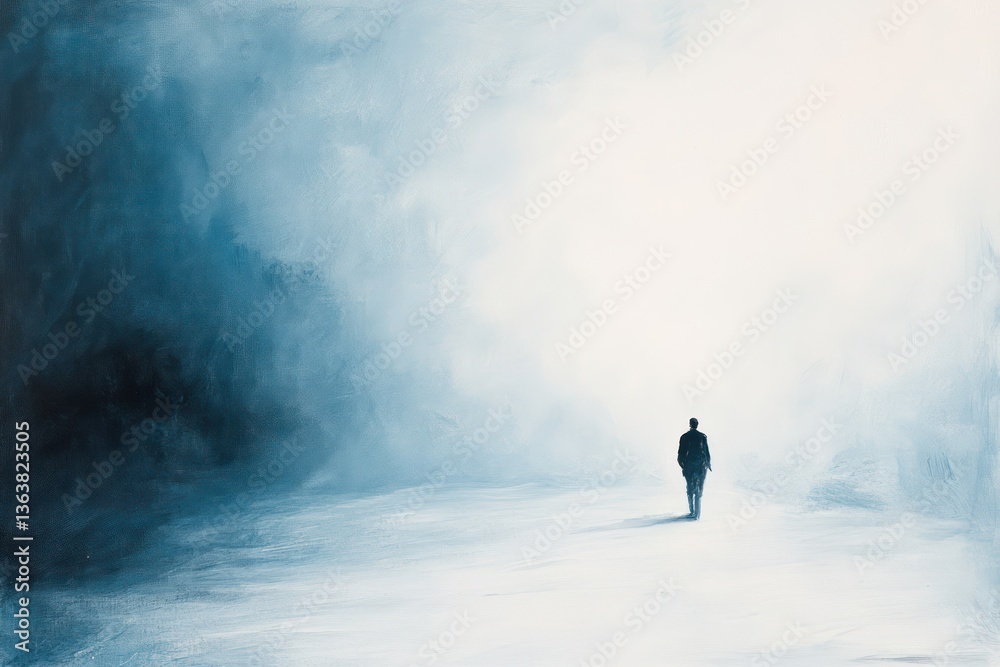 Solitary figure walks towards light, dark background, hope concept, spiritual journey Solitary figure walks towards light, dark background, hope concept, spiritual journey