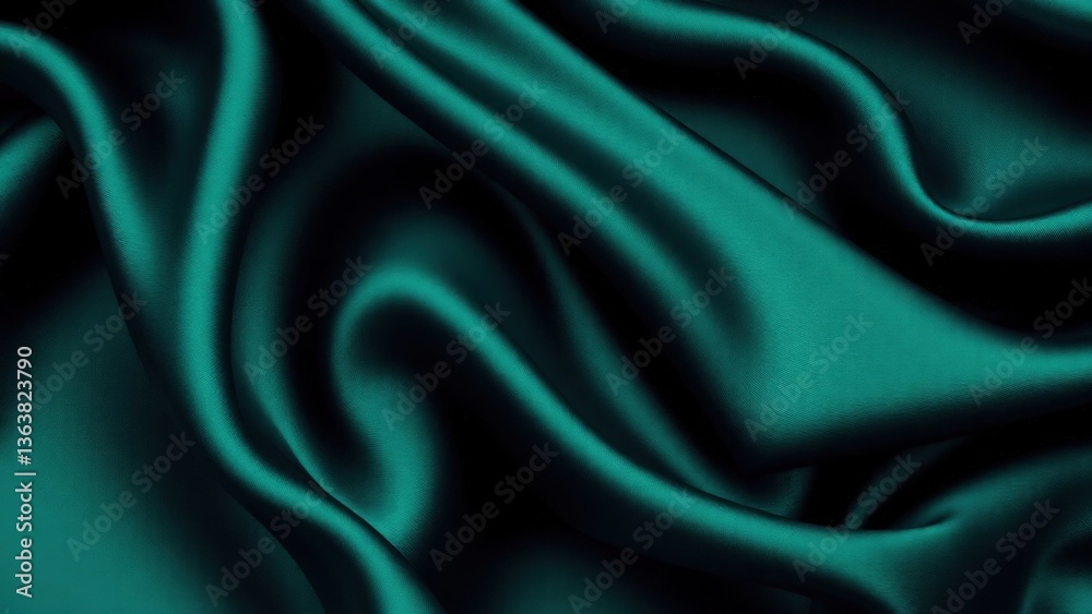 Obraz premium Black blue green abstract background. Dark green silk satin texture background. Beautiful wavy soft folds on the surface of the fabric. Teal elegant background with copy space for design. Web banner.