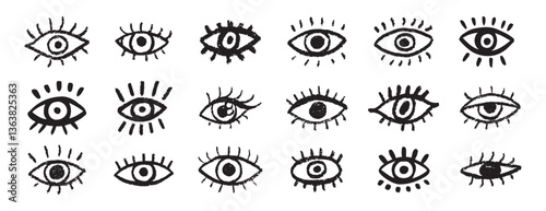 Grunge eyes hand drawn doodle icon set. Open black eyes with bold line. Monochrome eye element