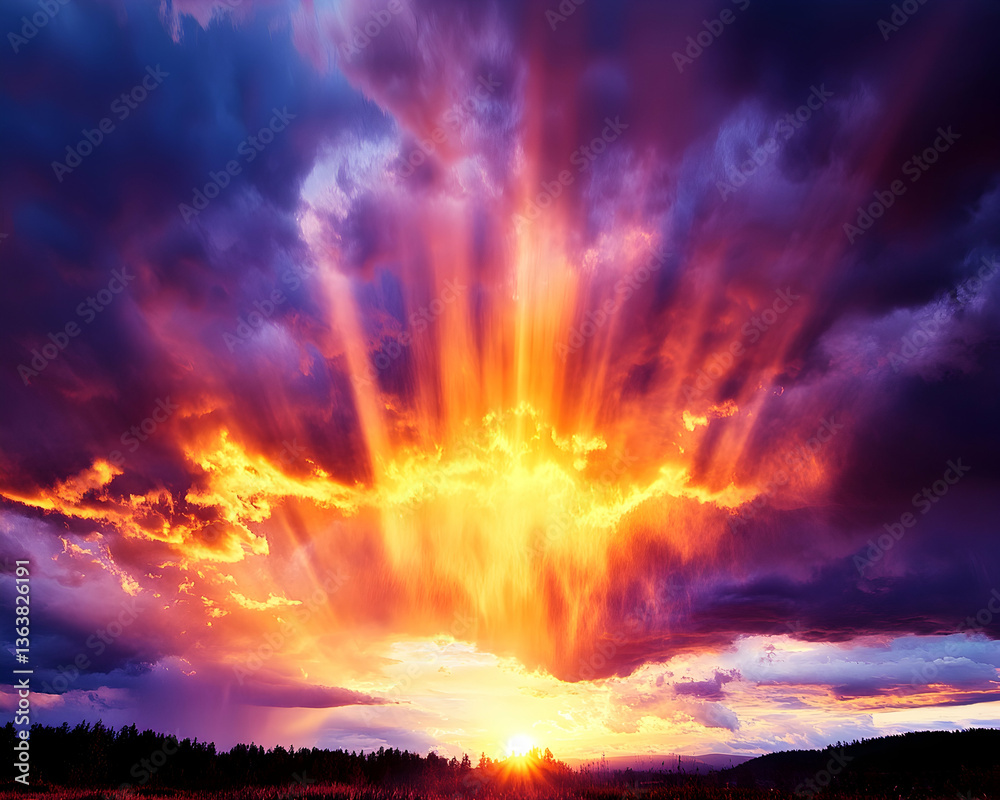 Naklejka premium Vibrant sunset with dramatic clouds and radiant sunbeams