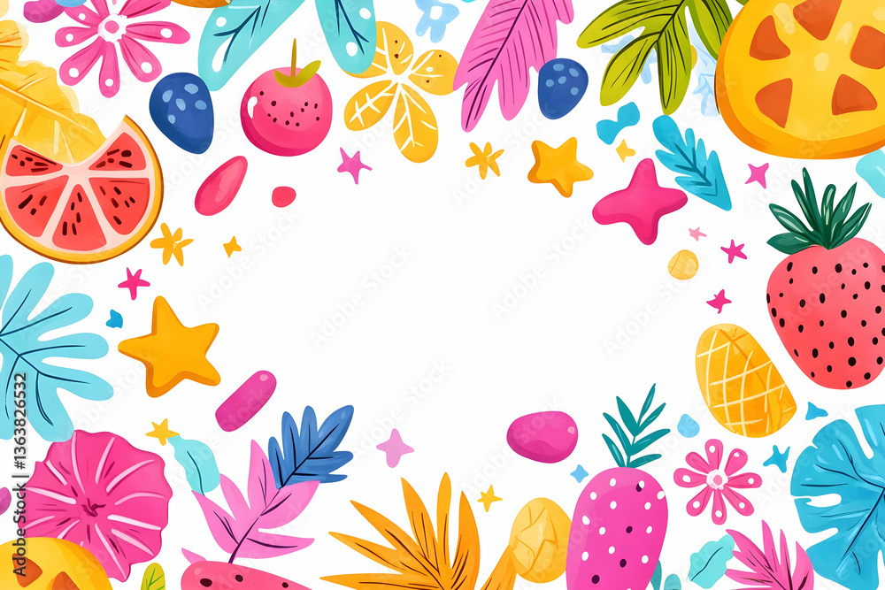 Vibrant tropical fruit & leaf border with white space Vibrant tropical fruit & leaf border with white space