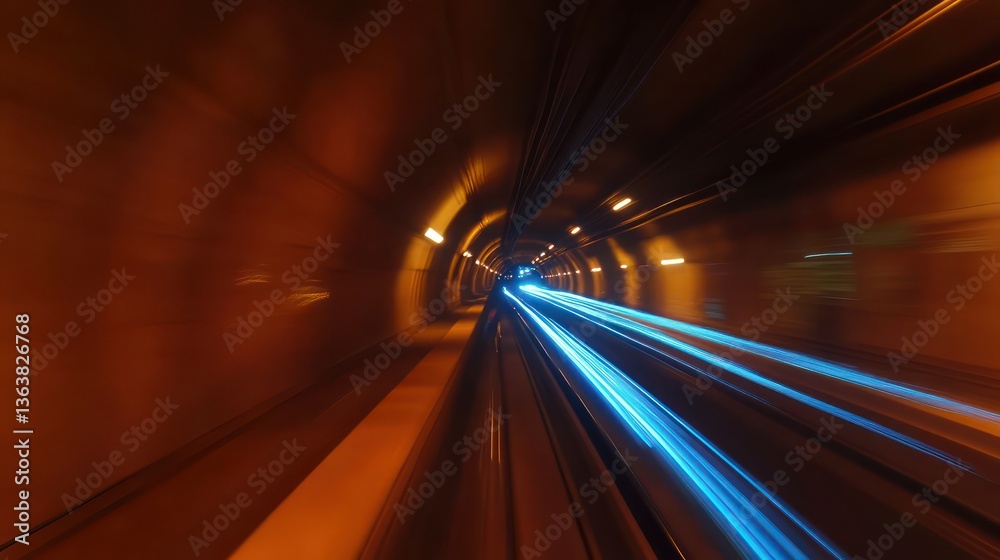 Obraz premium Speeding train in tunnel, lights blur, motion, travel