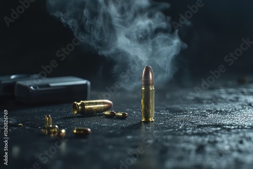 Spent bullet casing, smoke, dark background, crime scene investigation
