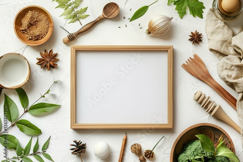 Wallpaper Mural Blank frame surrounded by kitchenware spices and greenery on a textured white surface Torontodigital.ca