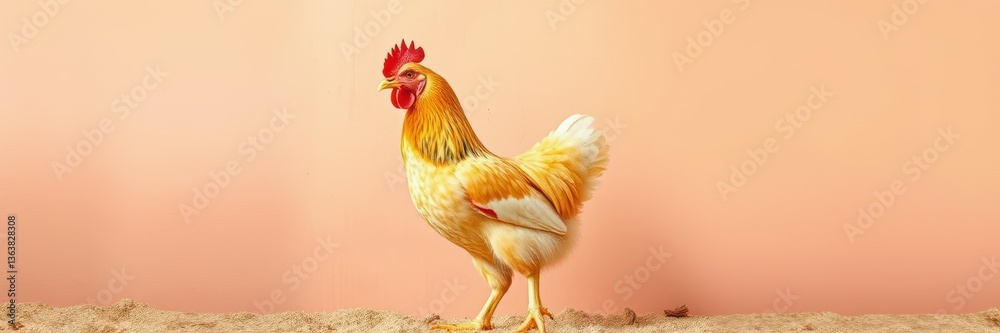 Fototapeta premium Brightly colored rooster walking on sandy ground in a warm, neutral setting during daylight hours