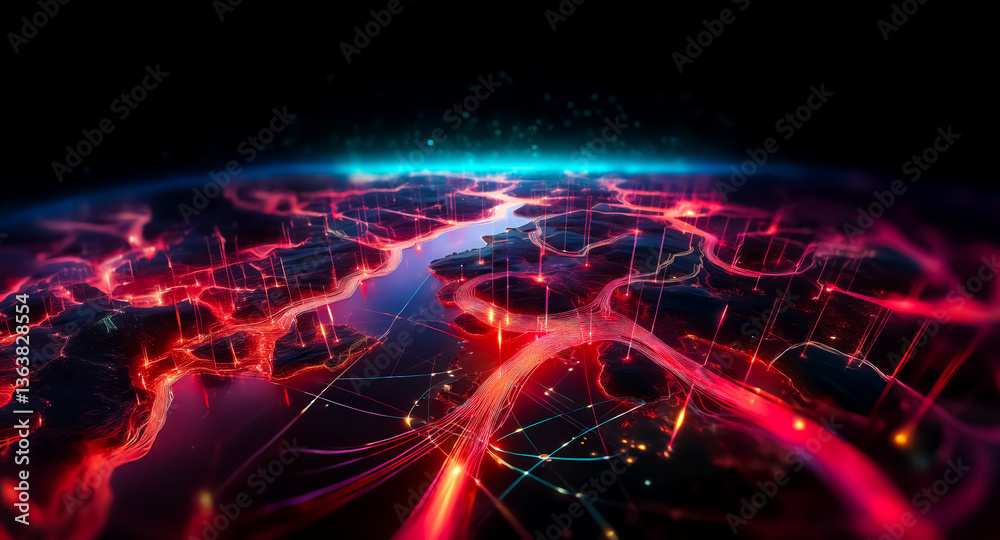 Obraz premium Glowing network of red and blue lines on a dark globe, resembling a digital earth or futuristic planet in space. Abstract lines create a sense of connection and technology.