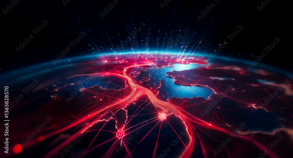Obraz premium A glowing red network spreads across the Earth, emanating light into the dark space above. Connections illuminate the planet in a web of vibrant energy.