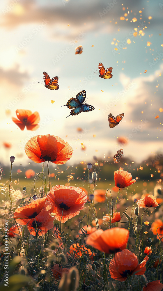 Obraz premium Champ de coquelicots en fleurs sous la lumière dorée du printemps