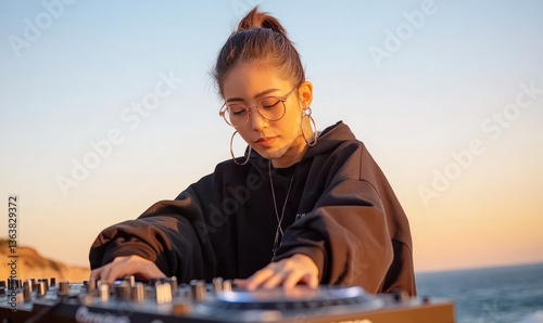 Woman dj performing with audio mixer outdoors