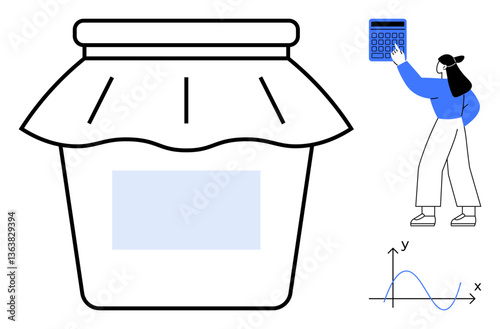 Large jar design paired with woman holding a calculator and a graph with plotted data trends. Ideal for analysis, finance, computation, food concepts, research, statistics, productivity, flat simple