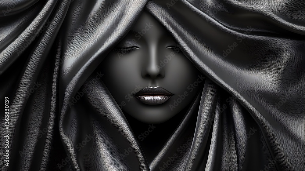Naklejka premium digital artwork featuring a monochromatic, surreal style depicts a face emerging from behind draped, glossy black fabric creates a dramatic, flowing effect, framing the face symmetrically