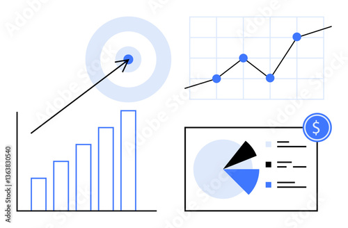 Bar chart, target with arrow, line graph, and pie chart visualizing growth, goal setting, trends, and statistics. Ideal for business, finance data analysis strategy performance marketing flat
