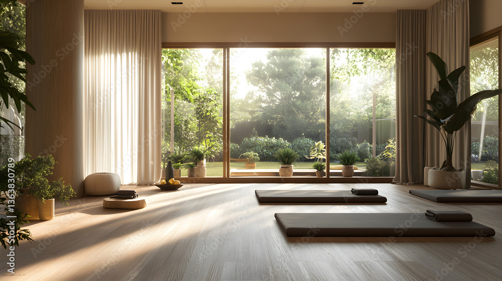 Calming and Serene Yoga Studio with Natural Light, Minimalist Decor, Wooden Floors and Indoor Plants for a Peaceful Practice Calming and Serene Yoga Studio with Natural Light, Minimalist Decor, Wooden Floors and Indoor Plants for a Peaceful Practice