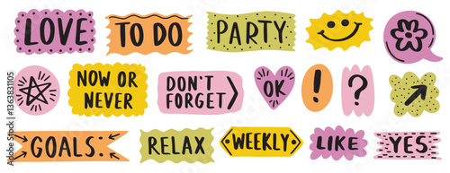 Colorful stickers work words and phrases doodle funny set. Doodle style vector clipart