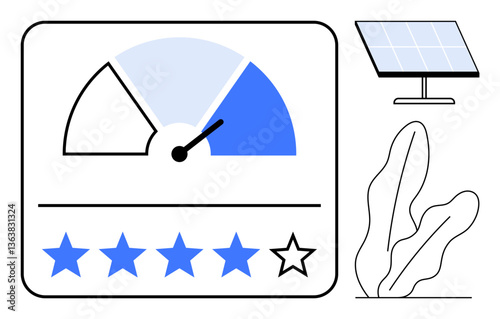 Gauge measuring performance with pointer on blue section, five-star scale with one faded star, solar panel, and abstract plant shape. Ideal for sustainability, energy, feedback, innovation, progress