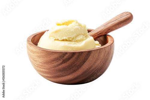 Shea butter in wooden bowl with wooden spoon, cut out transparent