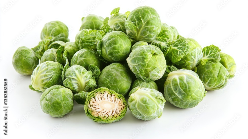 A full cluster of fresh green Brussels sprouts A full cluster of fresh green Brussels sprouts