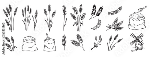 wheat and cereal plants, rye barley and ears of wheat in bag doodle hand drawn icon set. Outline drawing ears of wheat line clipart symbol collection