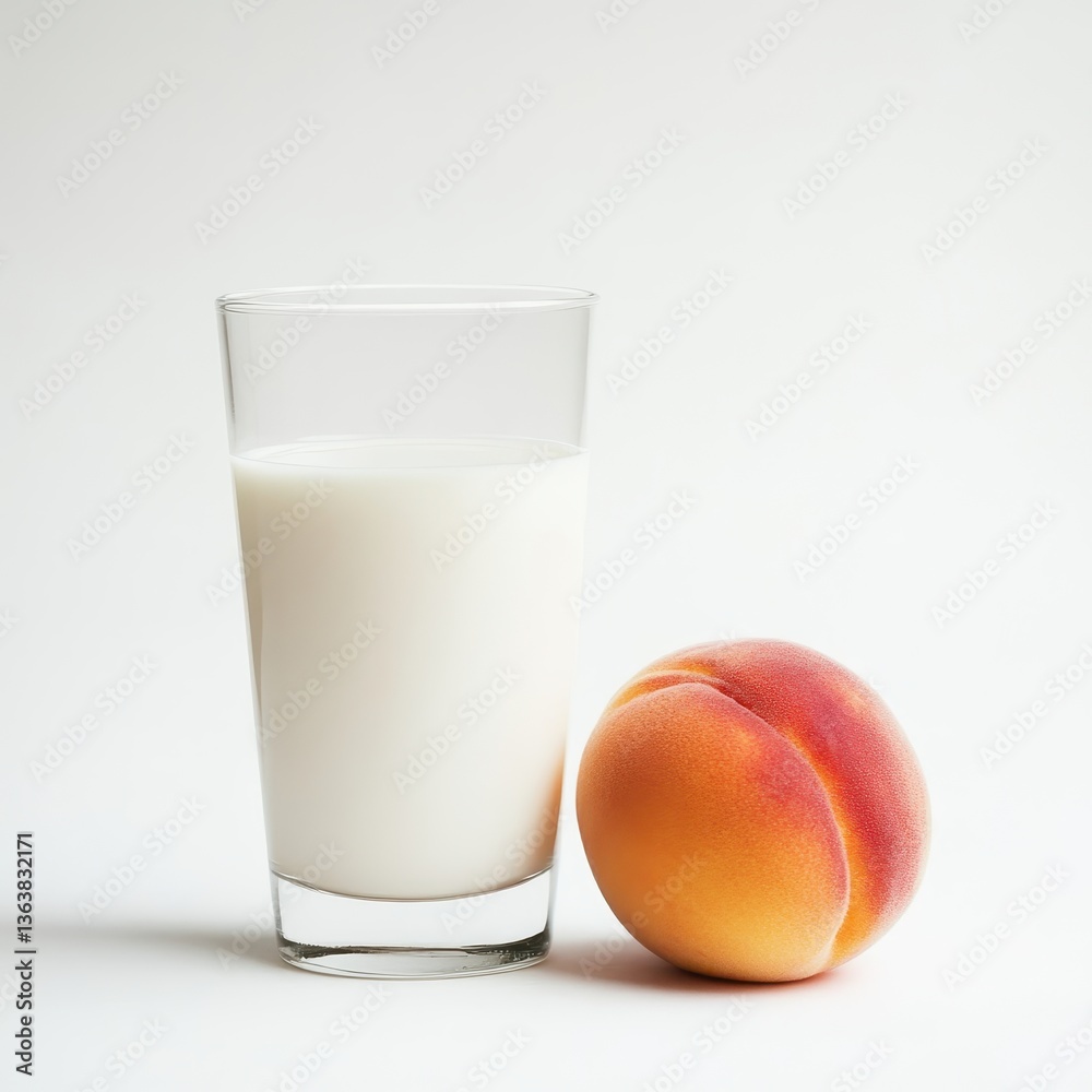 Fresh Milk Glass with Ripe Peach on Colorful Background for Healthy Lifestyle and Nutritional Choices in Culinary and Dietary Contexts Fresh Milk Glass with Ripe Peach on Colorful Background for Healthy Lifestyle and Nutritional Choices in Culinary and Dietary Contexts