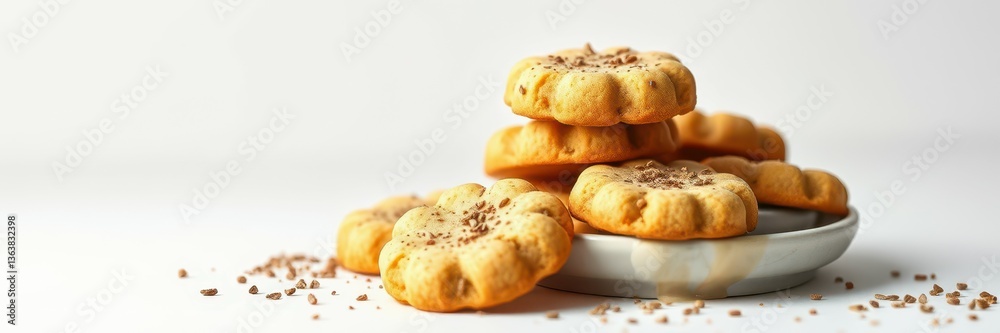Delicious homemade cookies stacked on a white plate with a simple background in a cozy kitchen setting Delicious homemade cookies stacked on a white plate with a simple background in a cozy kitchen setting