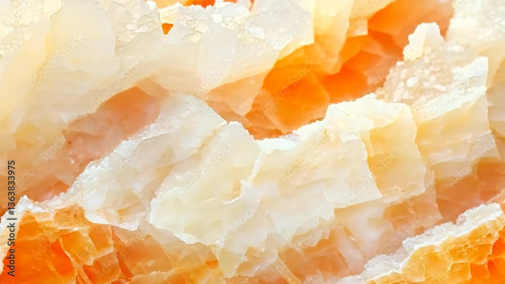 Close-up of layered mineral formations with orange and white hues, showcasing the intricate textures and patterns of the crystals. Mineral pattern texture. Macro science background. Close-up of layered mineral formations with orange and white hues, showcasing the intricate textures and patterns of the crystals. Mineral pattern texture. Macro science background.