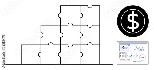 Puzzle pieces stacked as steps denote structured problem-solving. Dollar sign signifies financial goals. Analytics dashboard highlights data-driven insights. Ideal for finance, strategy, planning