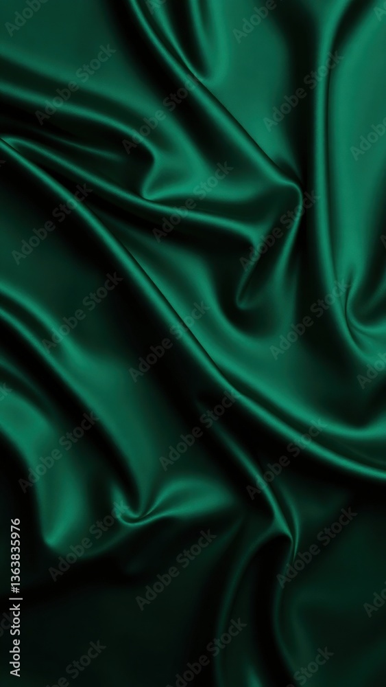 Fototapeta premium Dark green silk satin background. Beautiful soft folds on the smooth surface of the fabric. Luxury background with copy space for design. Wide banner. Top view. Flat lay.