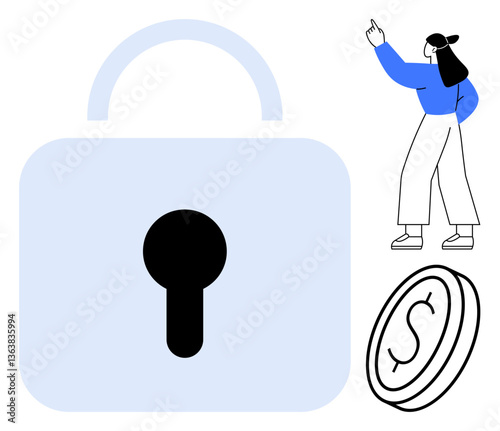 Large lock as central element, woman pointing upwards, and coin with dollar sign representing finance. Ideal for security, encryption, protection, privacy, finance safety investment. Flat simple