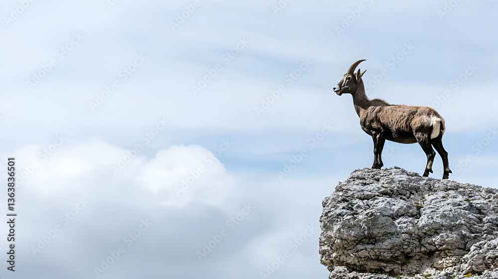 Mountain Goat On Rocky Summit Against Cloudy Sky Mountain Goat On Rocky Summit Against Cloudy Sky