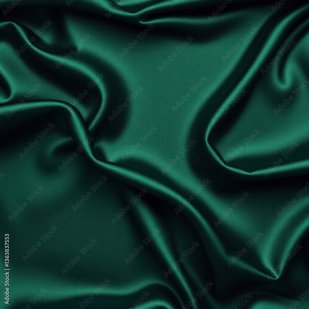 Fototapeta premium Dark green silk satin background. Beautiful soft folds on the smooth surface of the fabric. Luxury background with copy space for design. Wide banner. Top view. Flat lay.