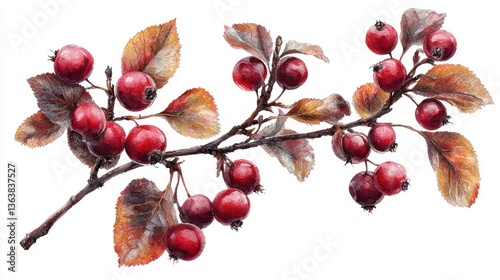 Autumnal Branch with Red Berries Watercolor Painting