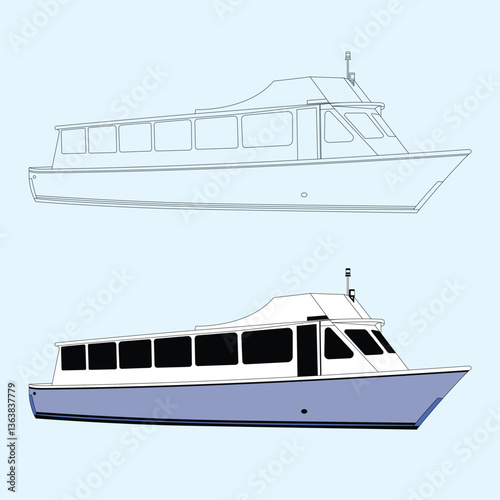 Boat One Color. Fishing boat vector line art illustration and one color. Travel Editable Stroke Line Icons. Transportation Editable Stroke Line Icons. Cruise ship black outlines vector illustration. 