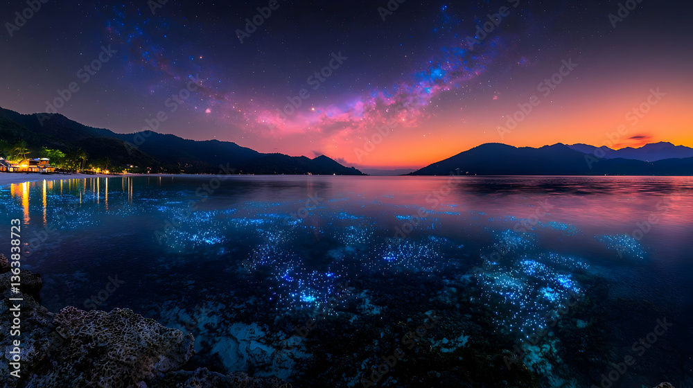 Fototapeta premium Panoramic Night Sky Over Coastal Water Reflection Illuminated with Milky Way Galaxy and Glowing Lights