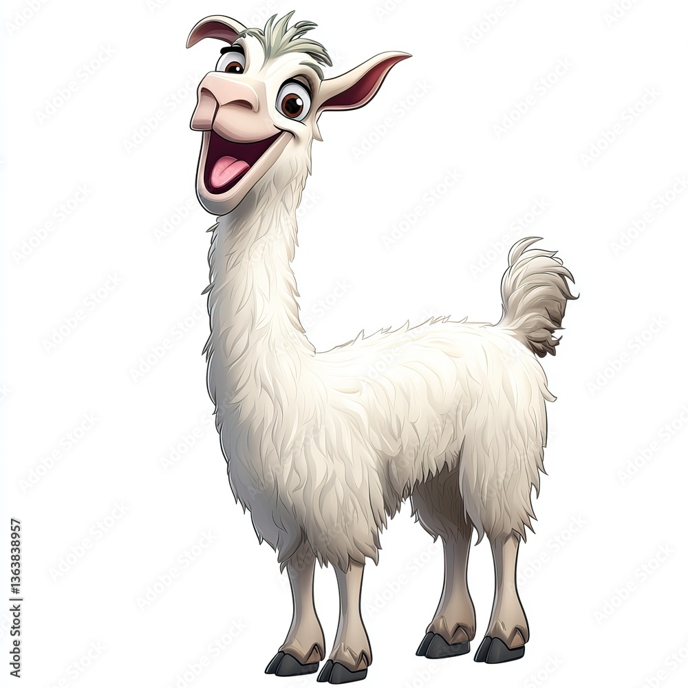Fototapeta premium Happy cartoon llama, white fluffy fur, smiling, standing.