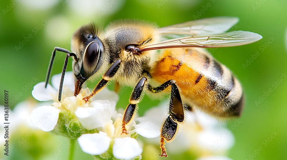 Honeybee pollinating white flower. Honeybee pollinating white flower.
