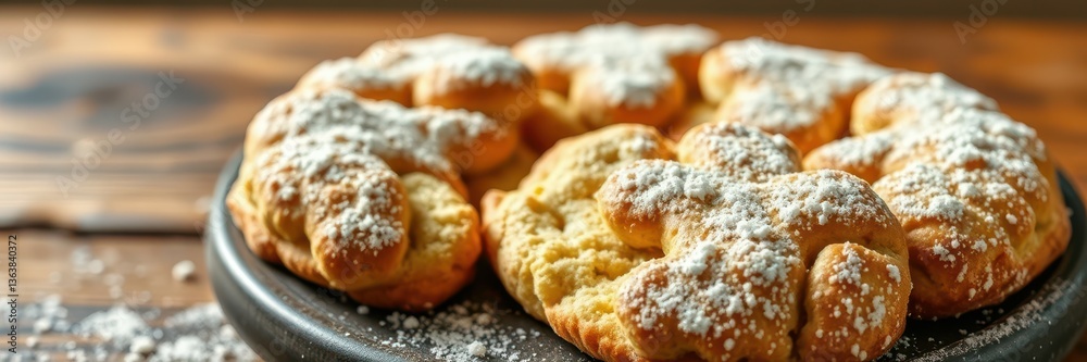 Freshly baked pastry sprinkled with powdered sugar on a wooden table during a cozy afternoon Freshly baked pastry sprinkled with powdered sugar on a wooden table during a cozy afternoon