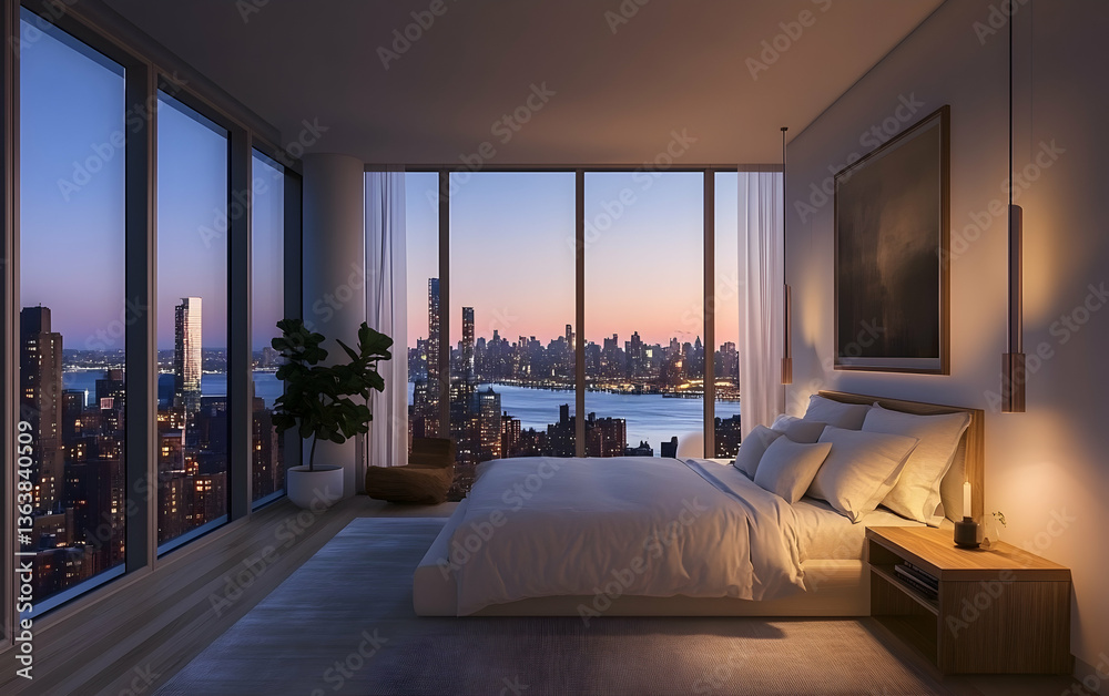 Naklejka premium Luxury Bedroom with City Skyline View at Night