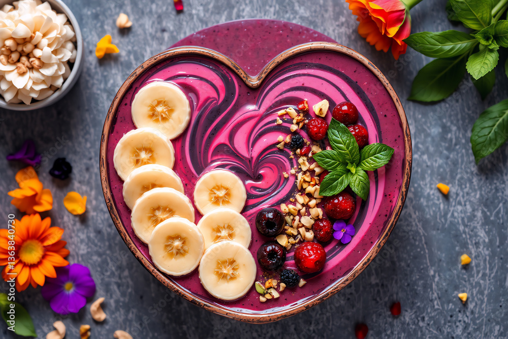 Fototapeta premium Heart-shaped bowl with vibrant smoothie topped with banana, berries, granola and mint. Flowers and nuts decorate the surrounding surface.