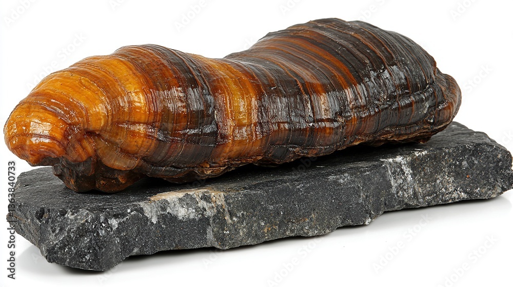 Striated fossil on dark stone Striated fossil on dark stone